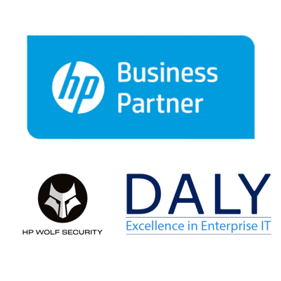 HP badge with wolf security and DALY logo